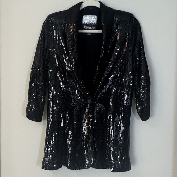 Kensie Women’s XL Black Fitted Sequin Stretch Blazer One Button Shoulder pads - Picture 1 of 8